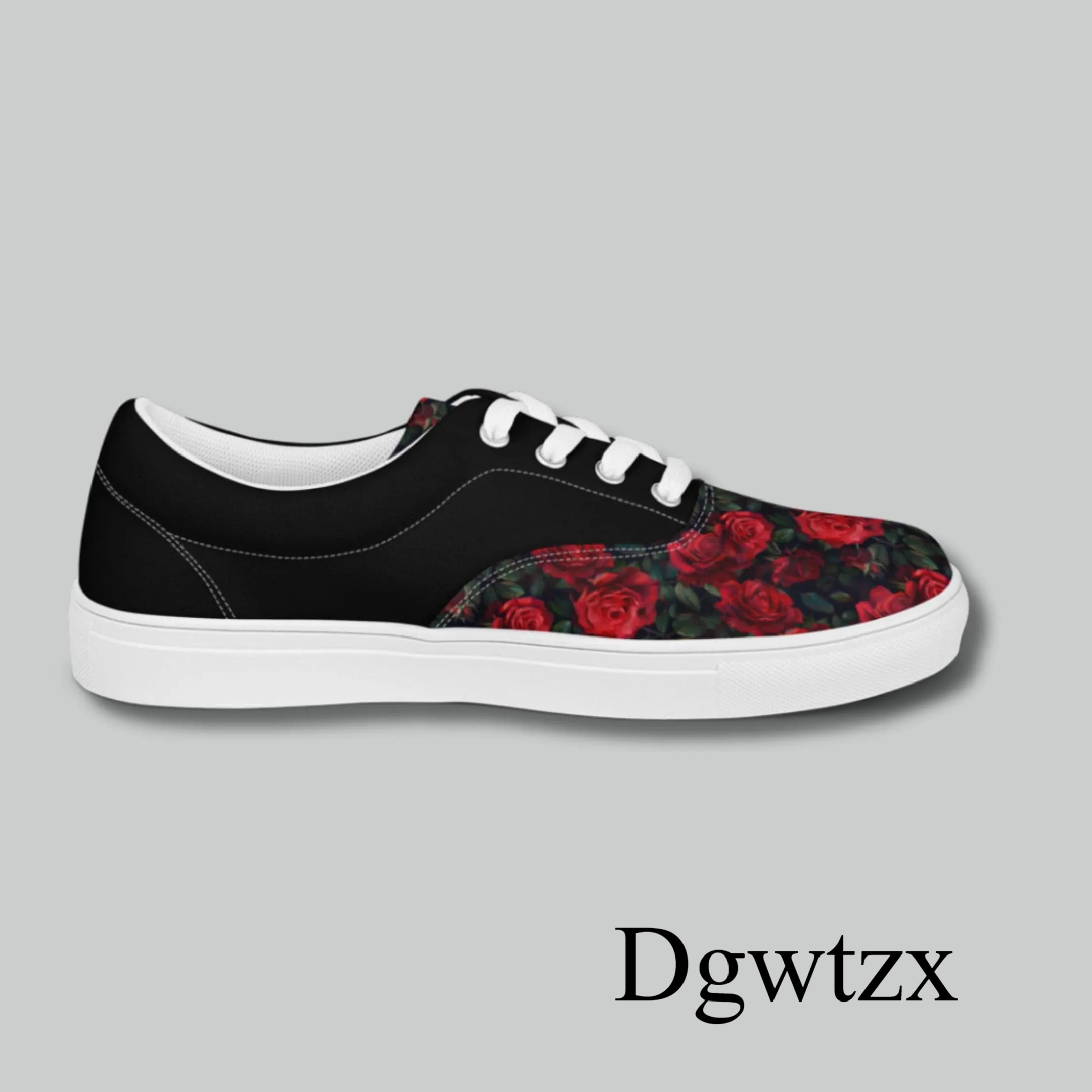 Black and Red Rose Lace-Up Canvas Shoes