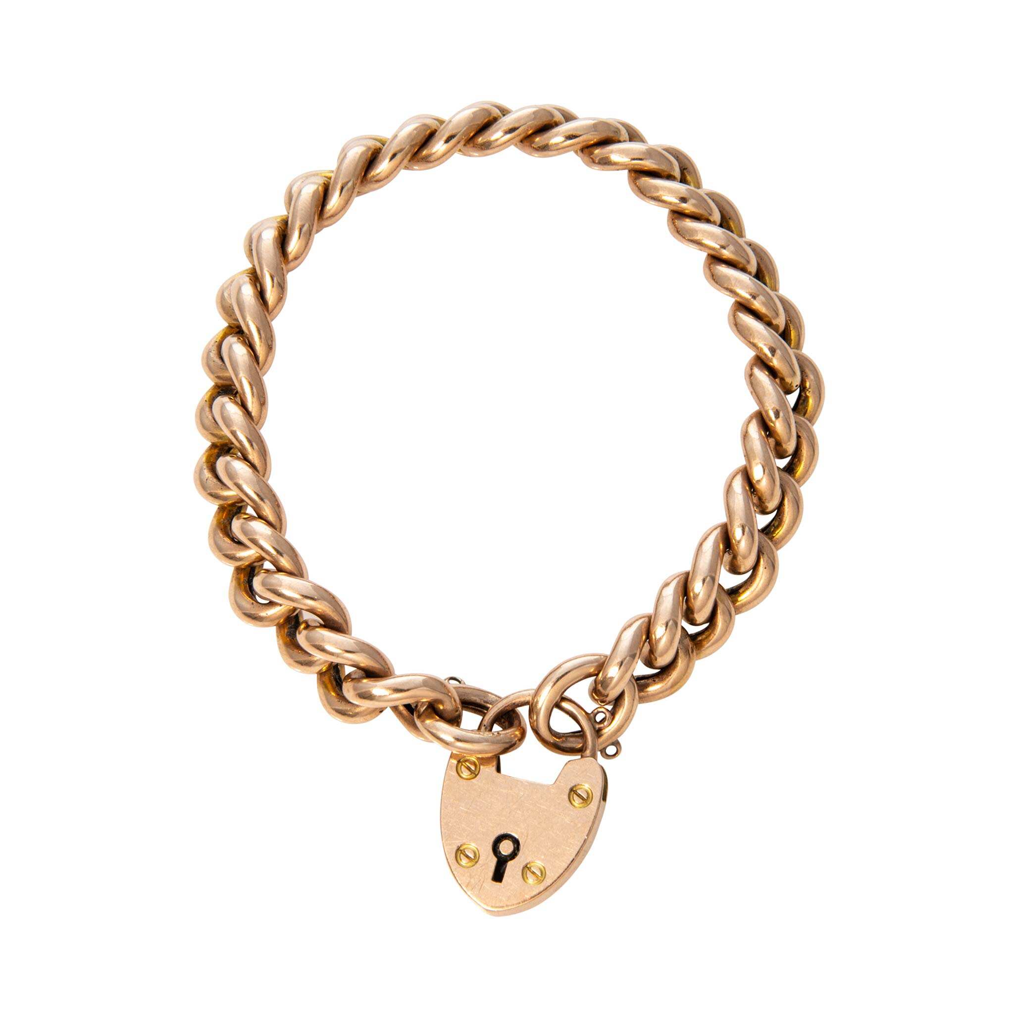 Victorian 15K Gold Heart Padlock Curb Link Bracelet