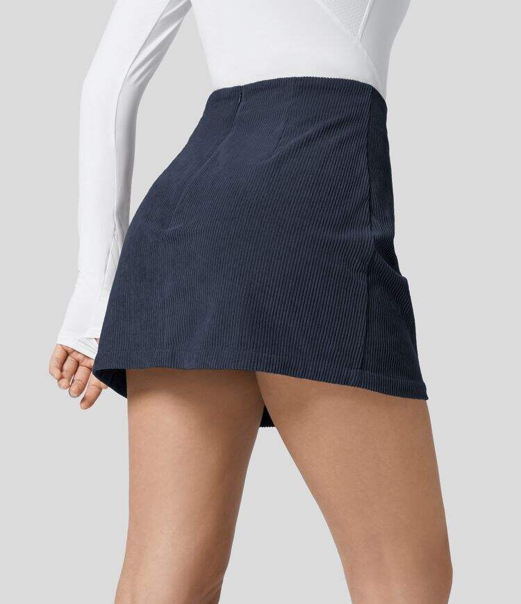 High Waisted Invisible Zipper 2-in-1 A Line Mini Corduroy Casual Skirt