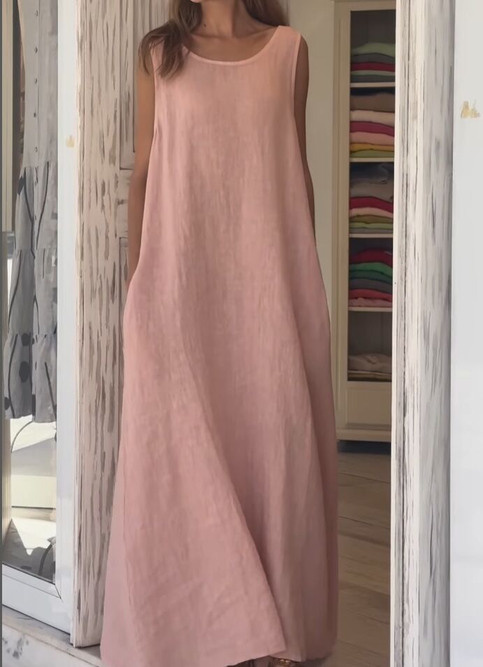 Casual cotton and linen long dress with pockets