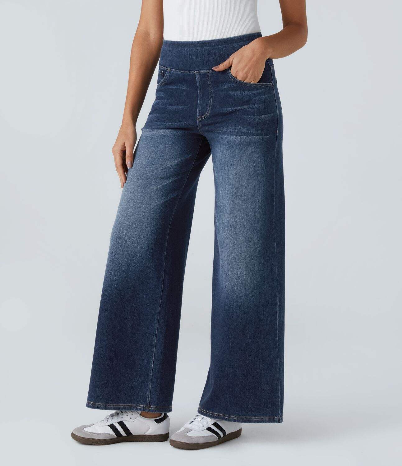 High Waisted Multiple Pockets Wide Leg Washed Stretchy Knit Casual Jeans