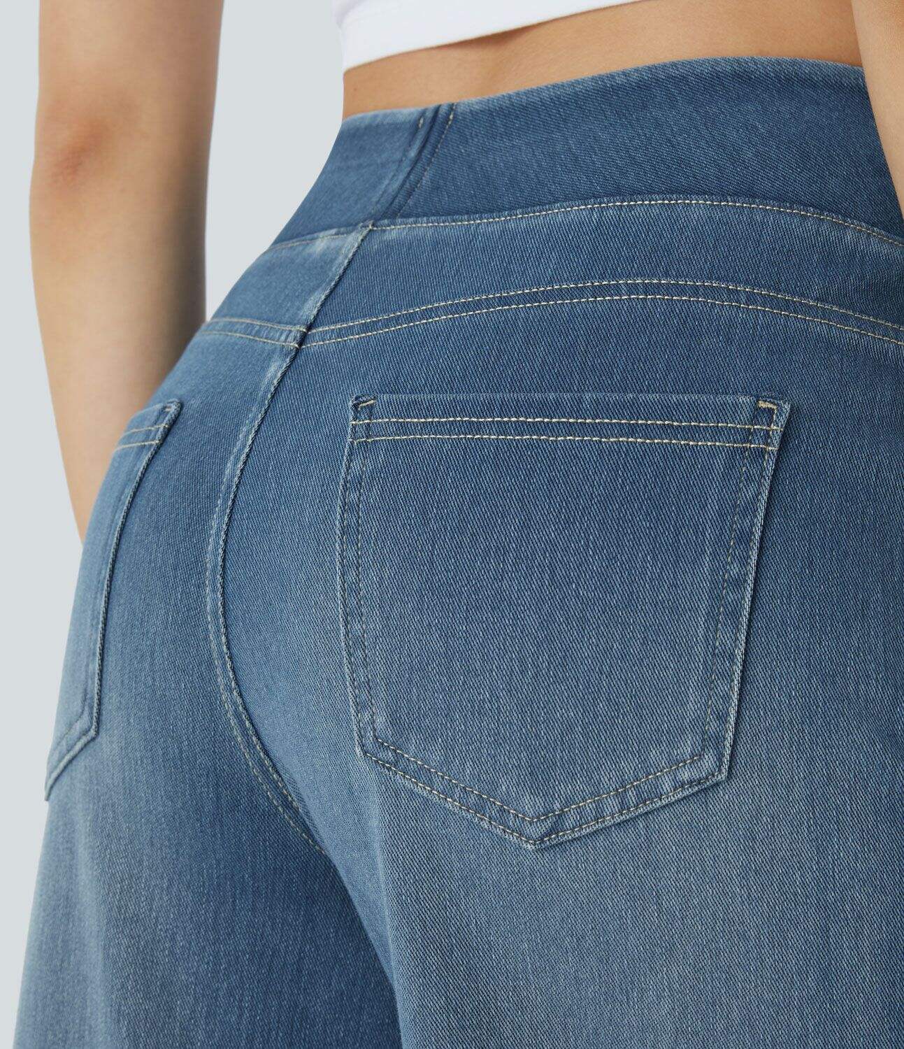 High Waisted Multiple Pockets Wide Leg Washed Stretchy Knit Casual Jeans