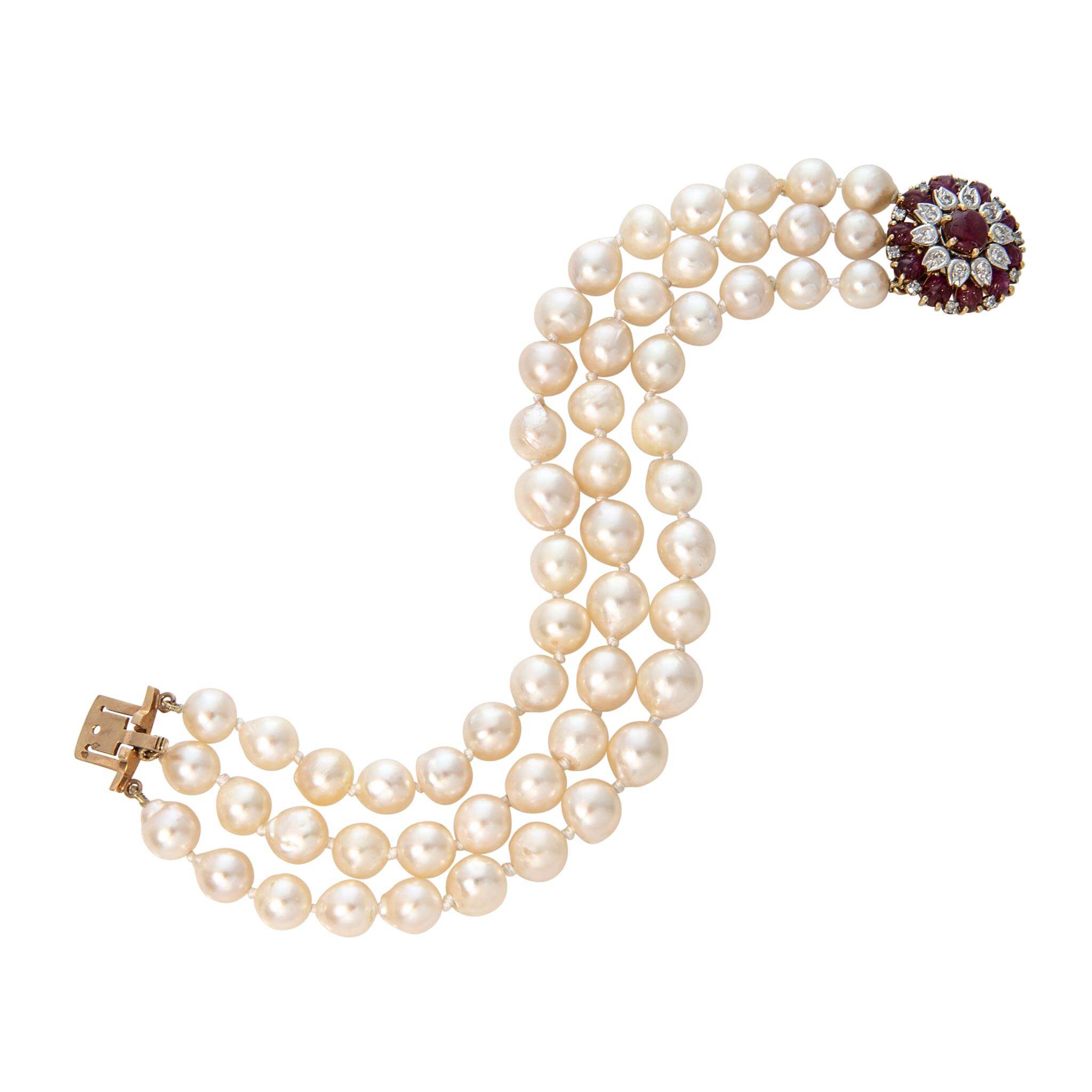 Vintage Ruby, Diamond & 3-Strand Pearl 18K Gold Bracelet