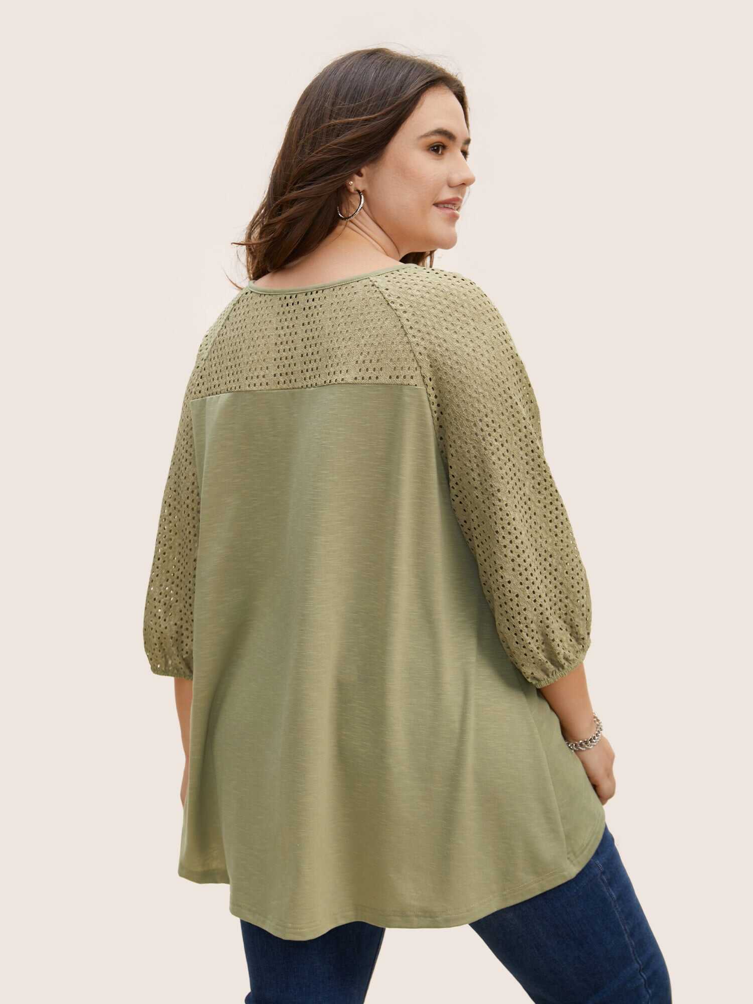 Texture Cut Out Patchwork Lantern Sleeve T-shirt
