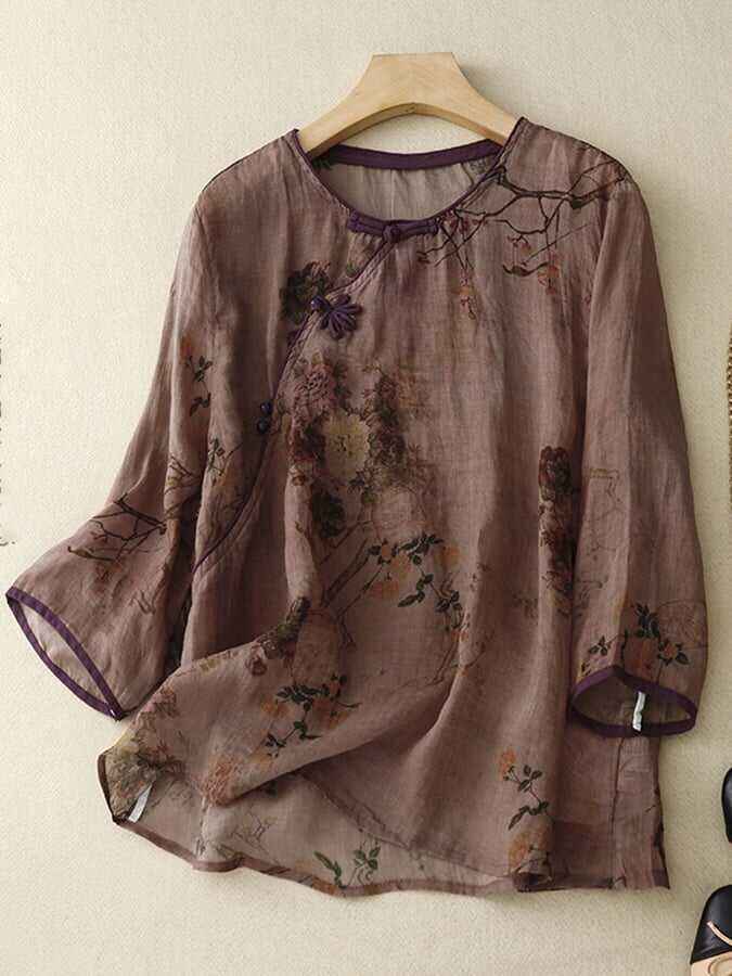 Retro Vintage Ethnic Style Thin Print Frog Button 4/3 Sleeve Shirt