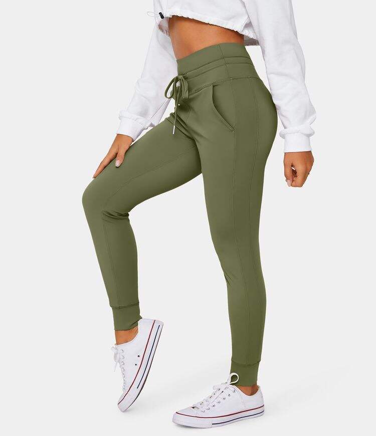 Airy High Waisted Drawstring Side Pocket Plain Cool Touch Full Length Joggers-UPF50+