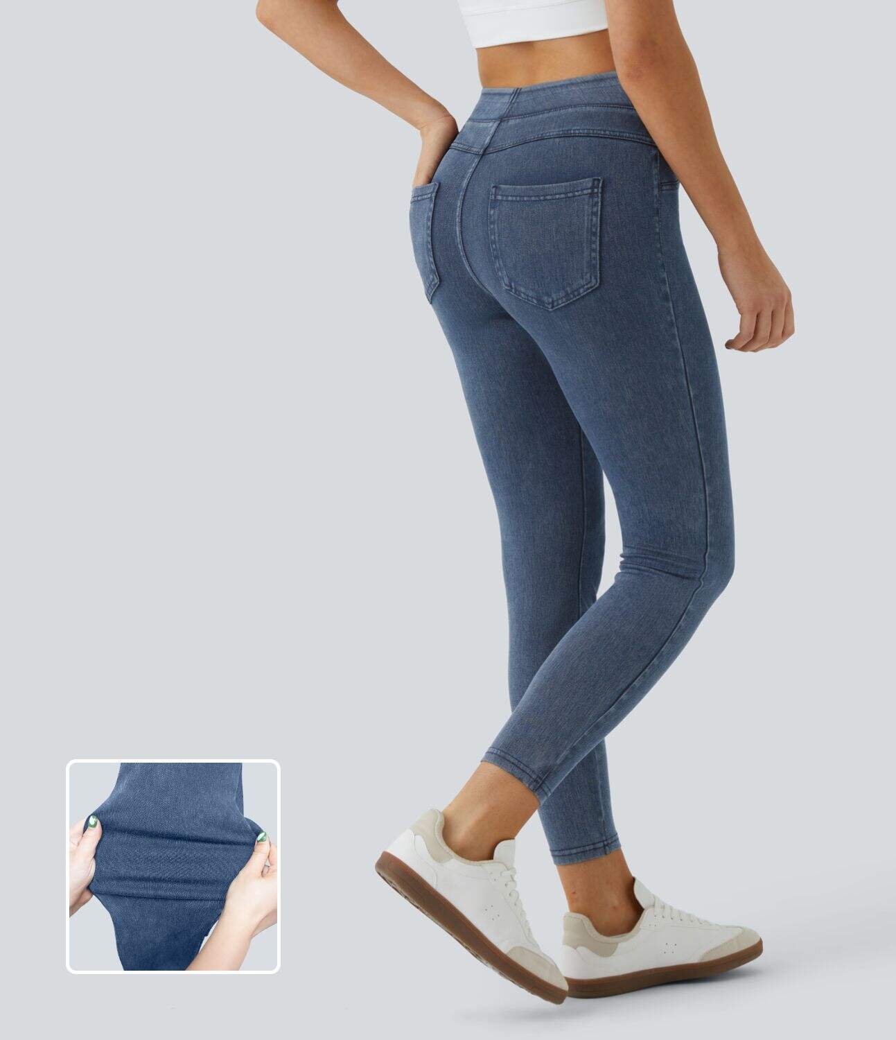 Ha High Waisted Back Side Pocket Stretchy Knit Denim Casual Leggings