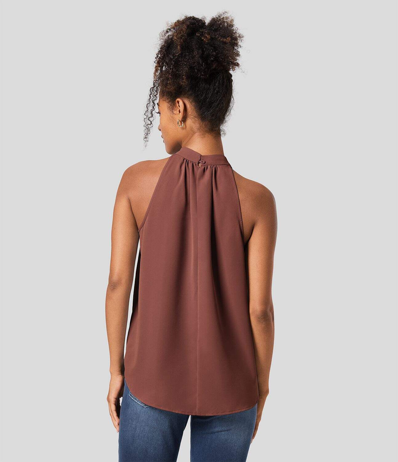 Keyhole Back Halter Plicated Sleeveless Curved Hem Work Blouse