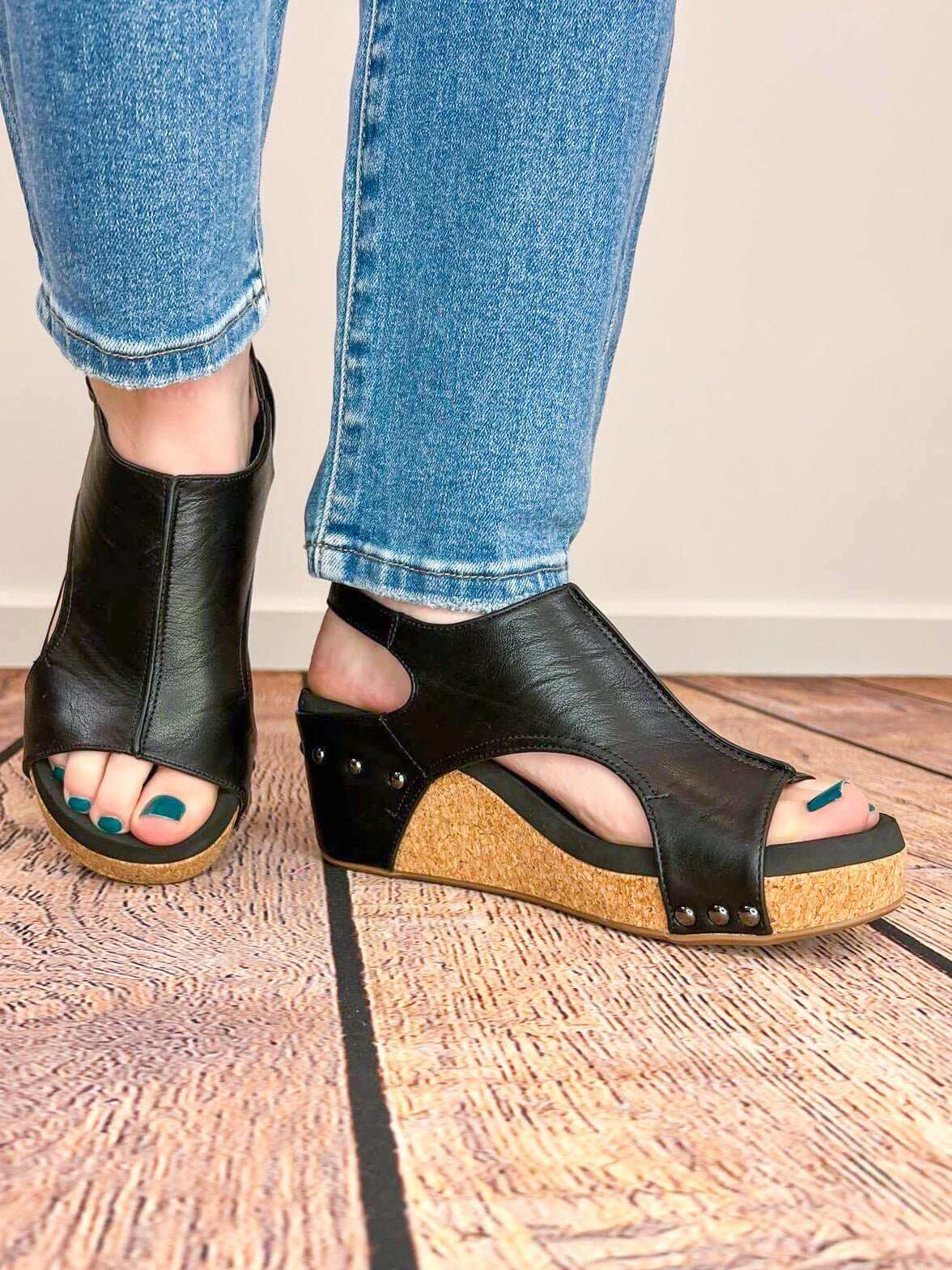Corky's Footwear Carley Wedge Sandal - Black Smooth