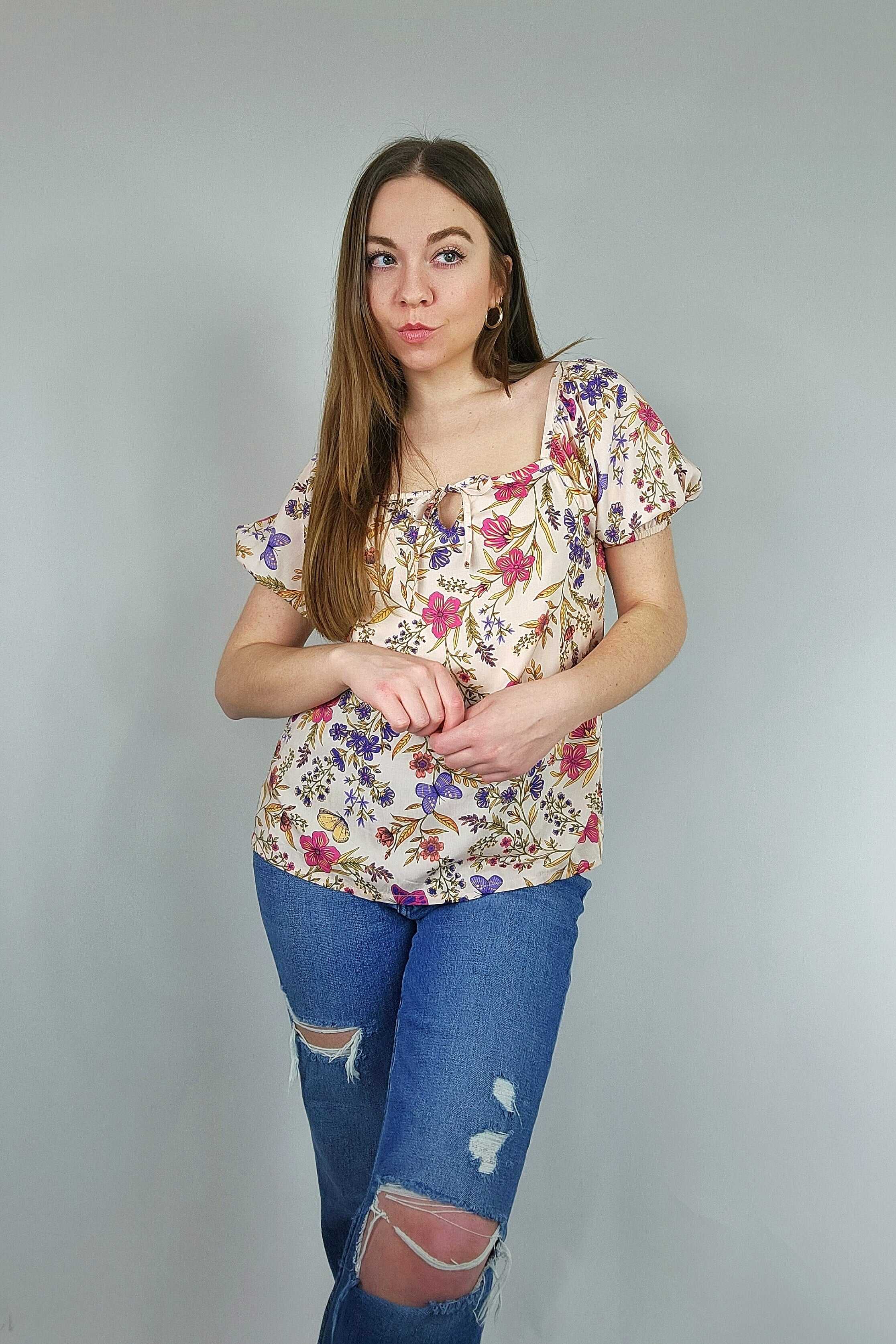 Butterfly Floral Square Neck Short Sleeve EcoVero Blouse