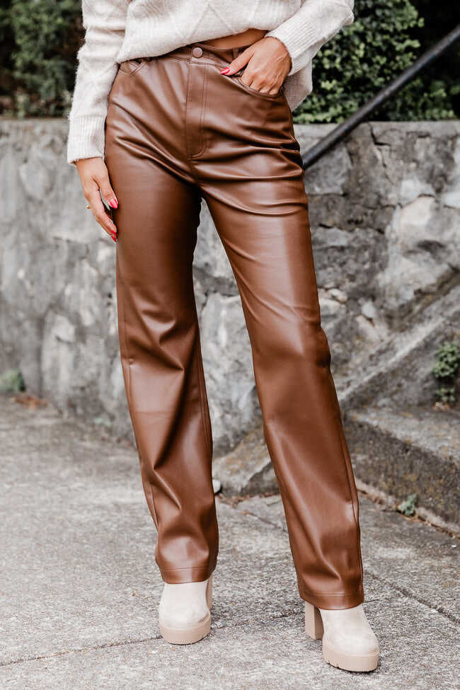 Be True To You Brown Faux Leather Straight Leg Pants