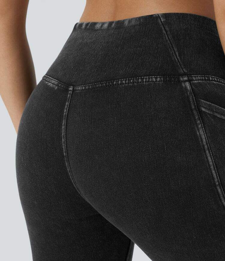 Crossover Side Pocket Washed Stretchy Knit Denim Work Leggings