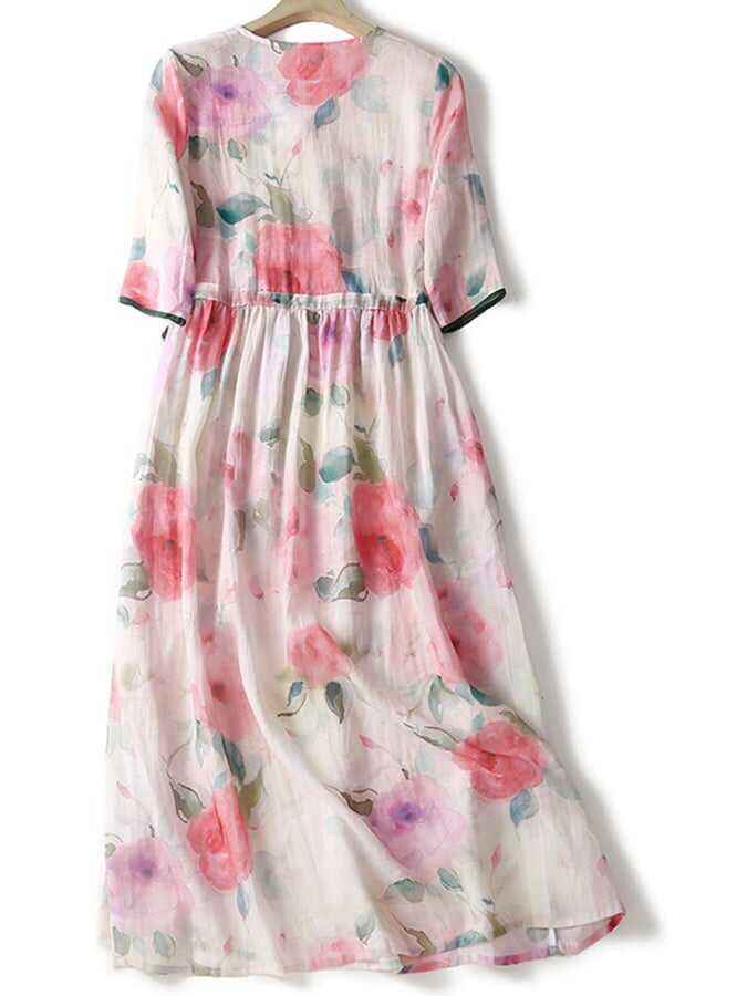 Cotton Linen Pink Printed Loose And Thin V-Neck Long Skirt With Pockets