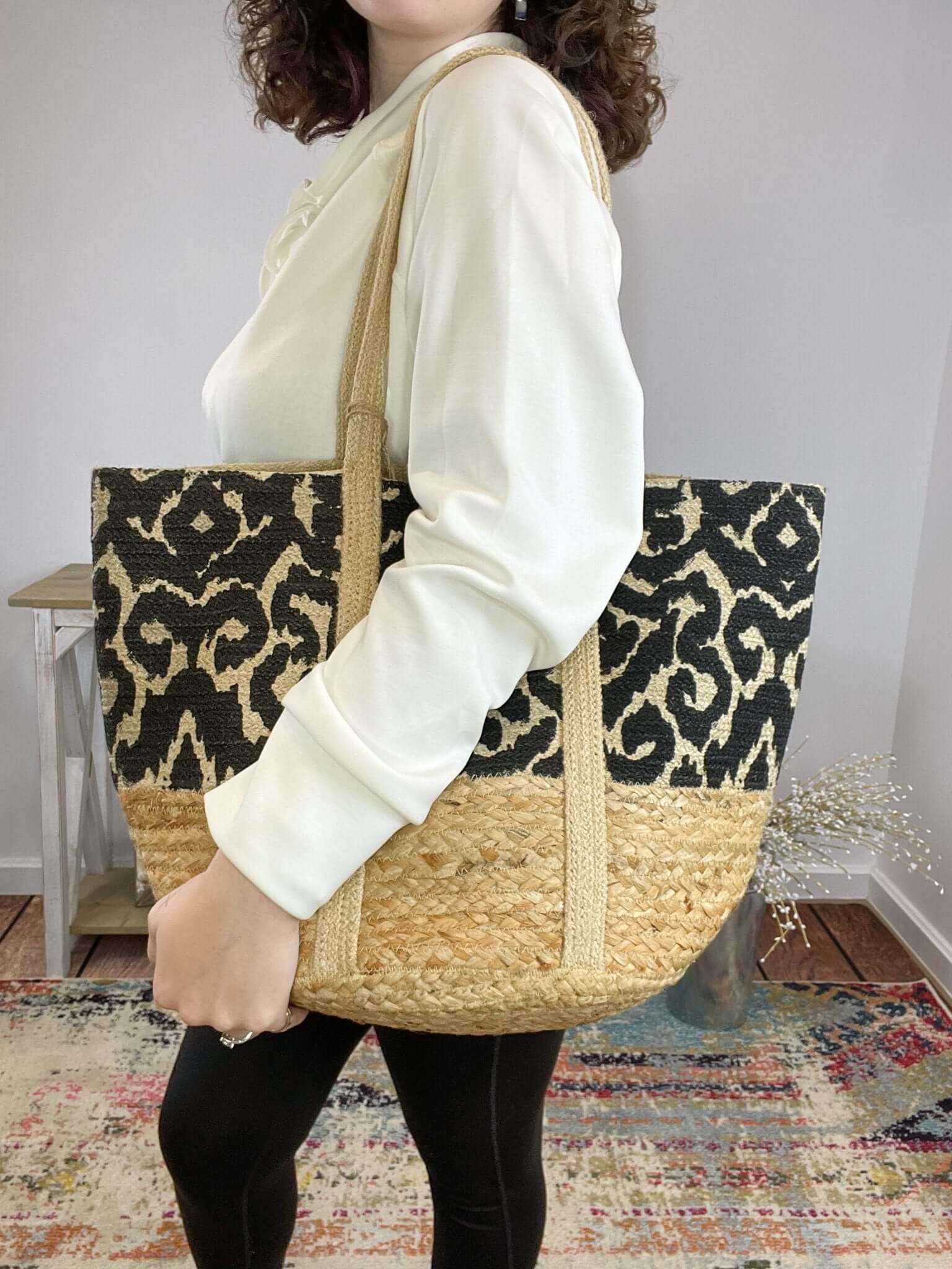 Black Geo Vines Painted June Shopper Jute Tote Bag