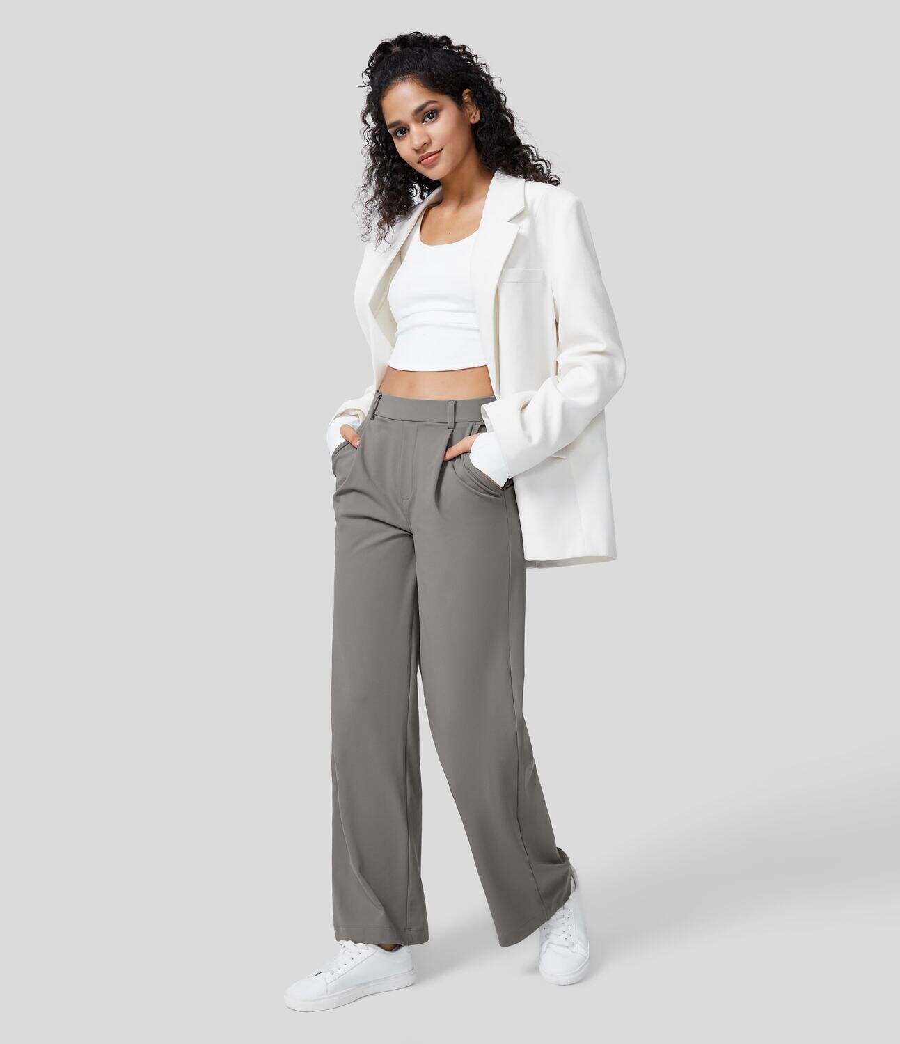 High Waisted Plicated Side Pocket Straight Leg Work Pants