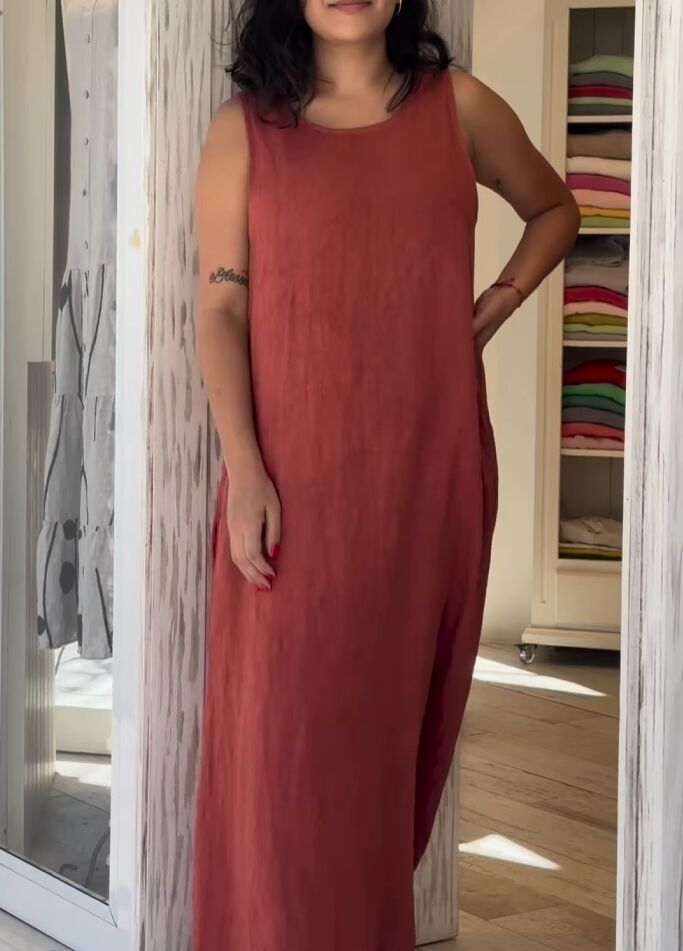 Casual cotton and linen long dress with pockets