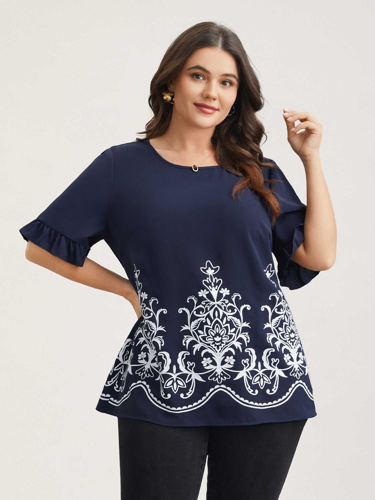 Floral Print Round Neck Ruffled Sleeve Shirt