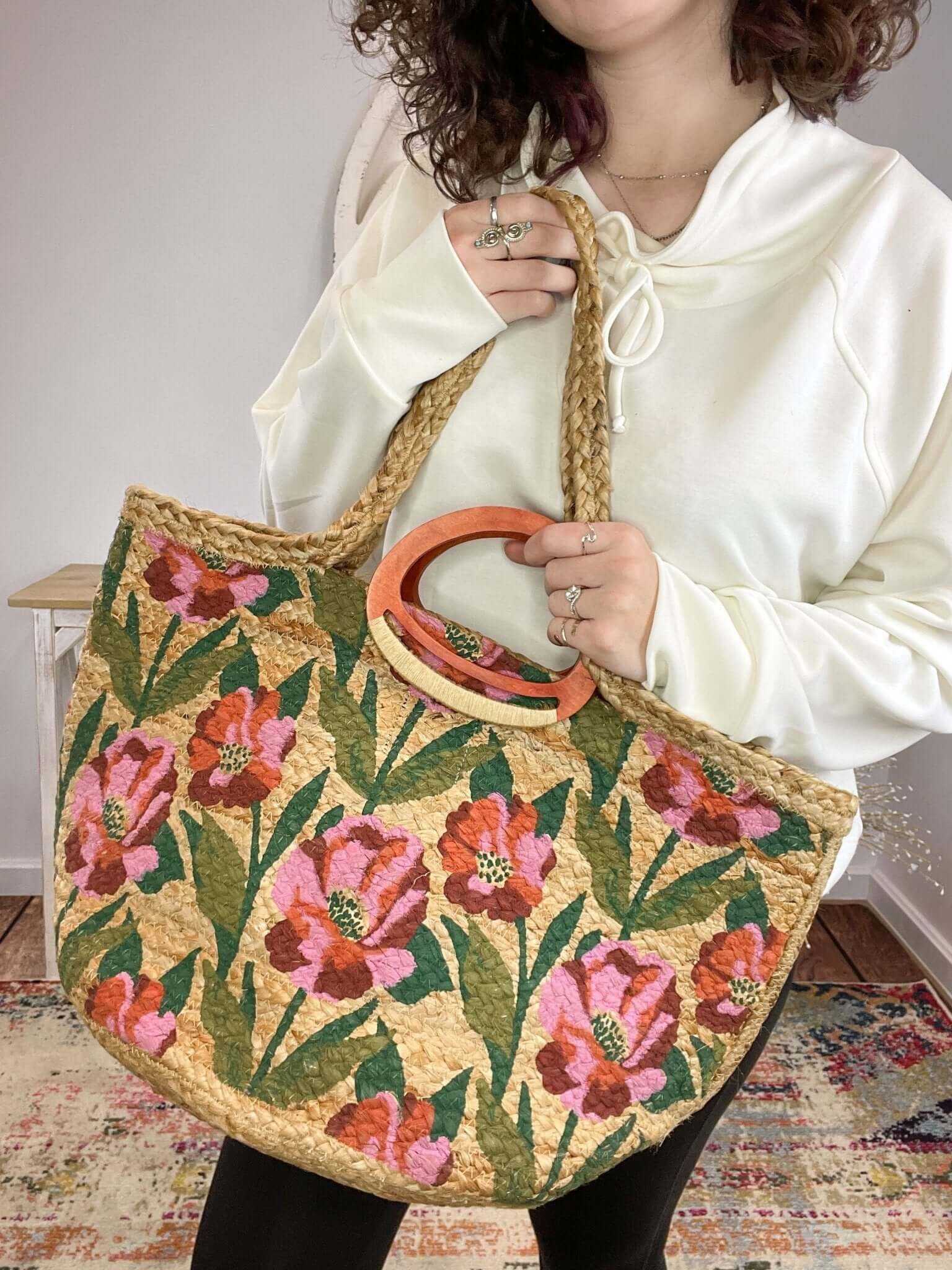 Poppy Painted Nell Wood Handle Jute Tote Bag
