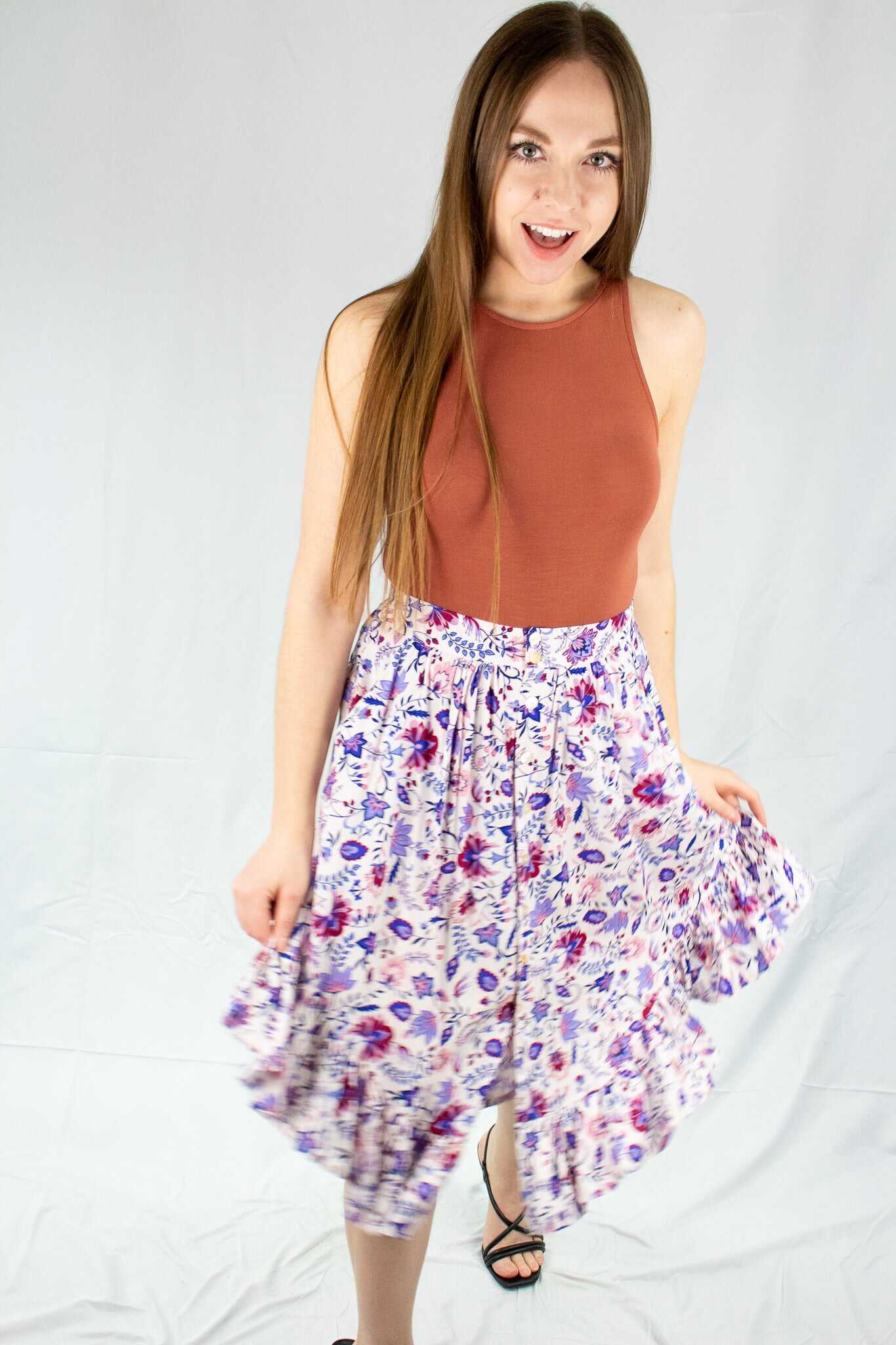 Floral Ruffle Button Up Midi Skirt - SALE