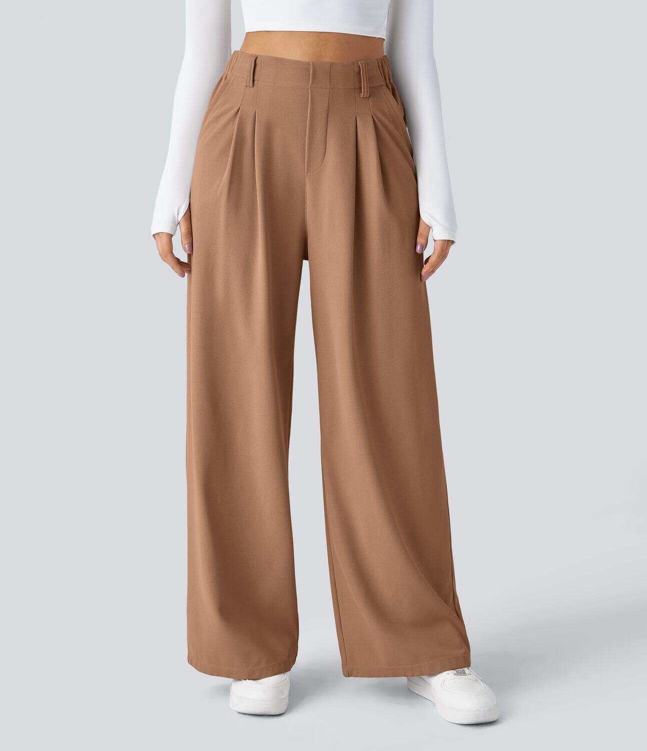 High Waisted Plicated Side Pocket Wide Leg Waffle Work Pants