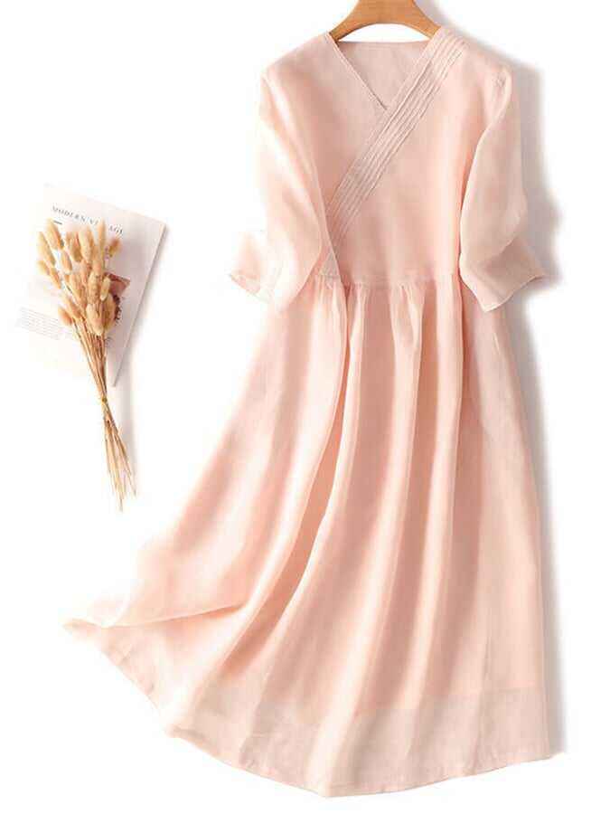 Cotton And Linen V-Neck Three-Quarter Sleeves Loose Solid Color Waist A-Line Dress