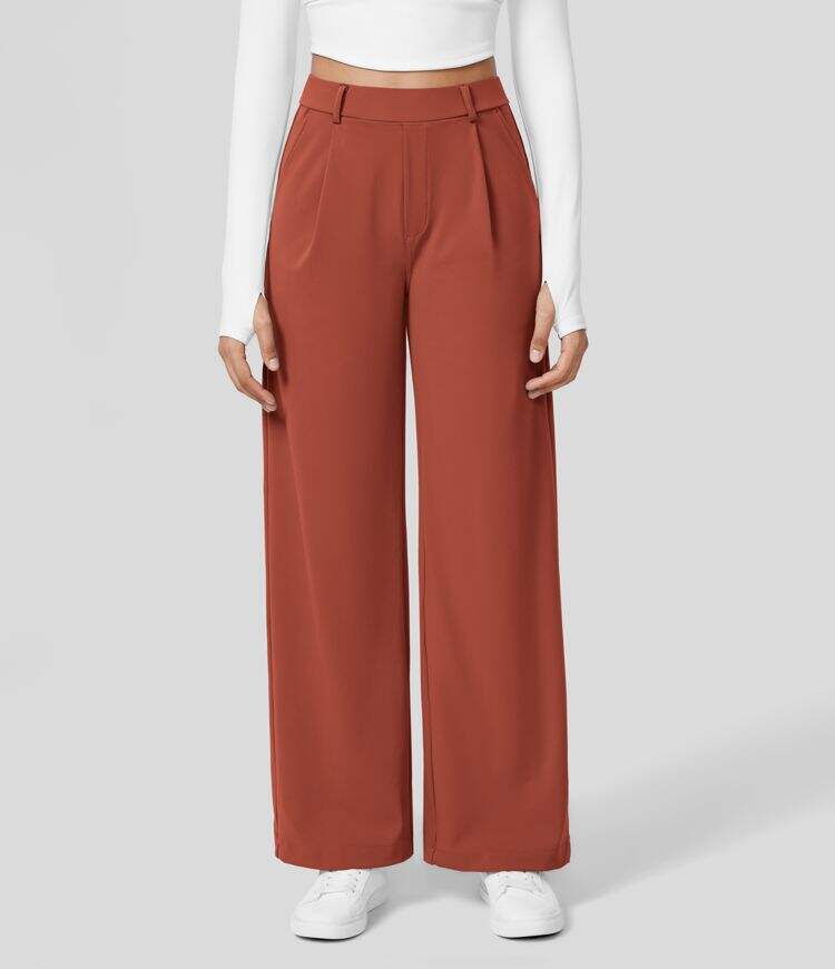 High Waisted Plicated Side Pocket Straight Leg Work Pants