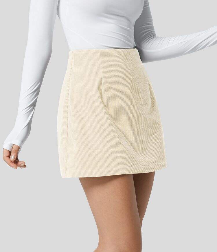 High Waisted Invisible Zipper 2-in-1 A Line Mini Corduroy Casual Skirt