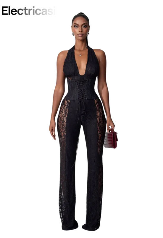 Lace Halter Jumpsuit With Corset And Sheer Panels