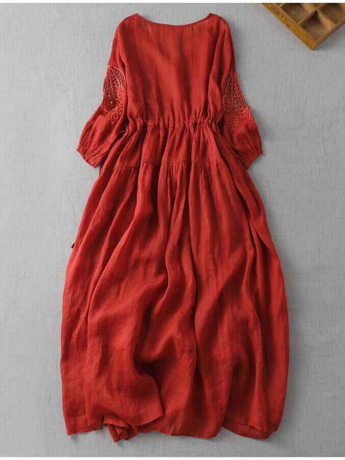 Solid French Cut Out Embroidered V-Neck Dress