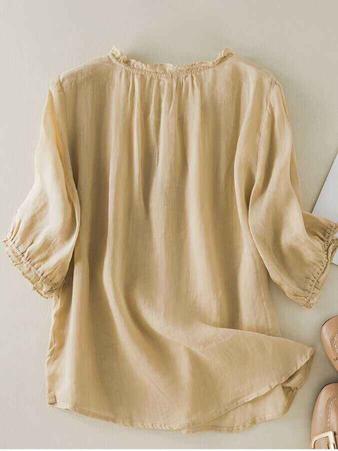 Vintage Art Ruffle Round Neck Casual Shirt