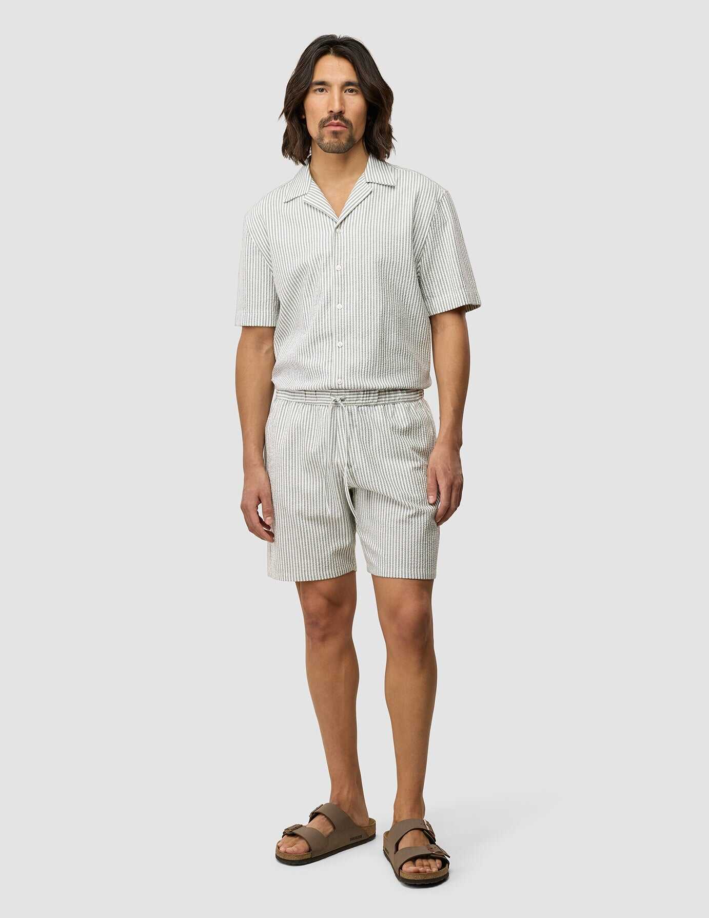 Seersucker Short Sleeve Shirt Green Stripes