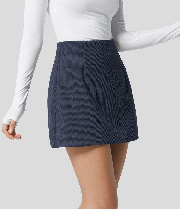 High Waisted Invisible Zipper 2-in-1 A Line Mini Corduroy Casual Skirt
