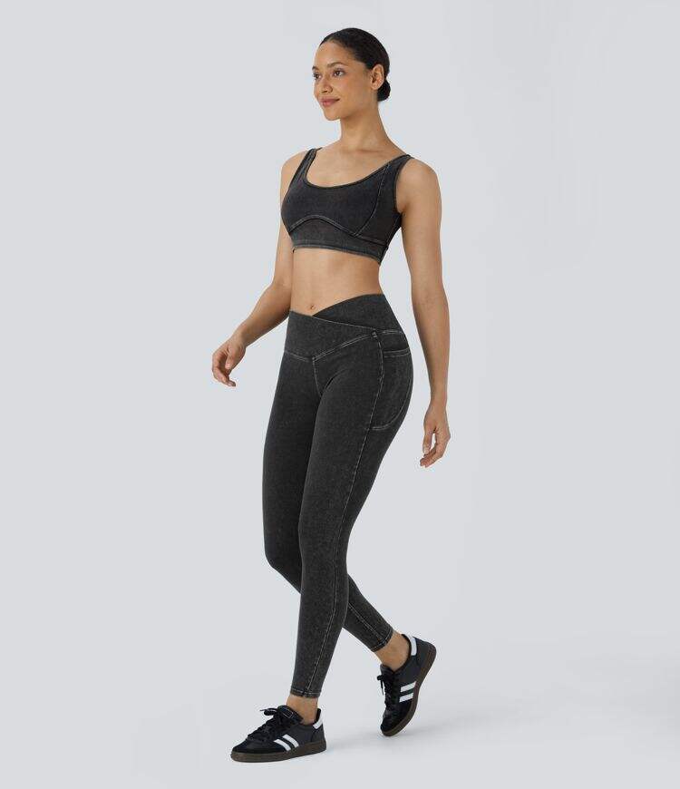 Crossover Side Pocket Washed Stretchy Knit Denim Work Leggings