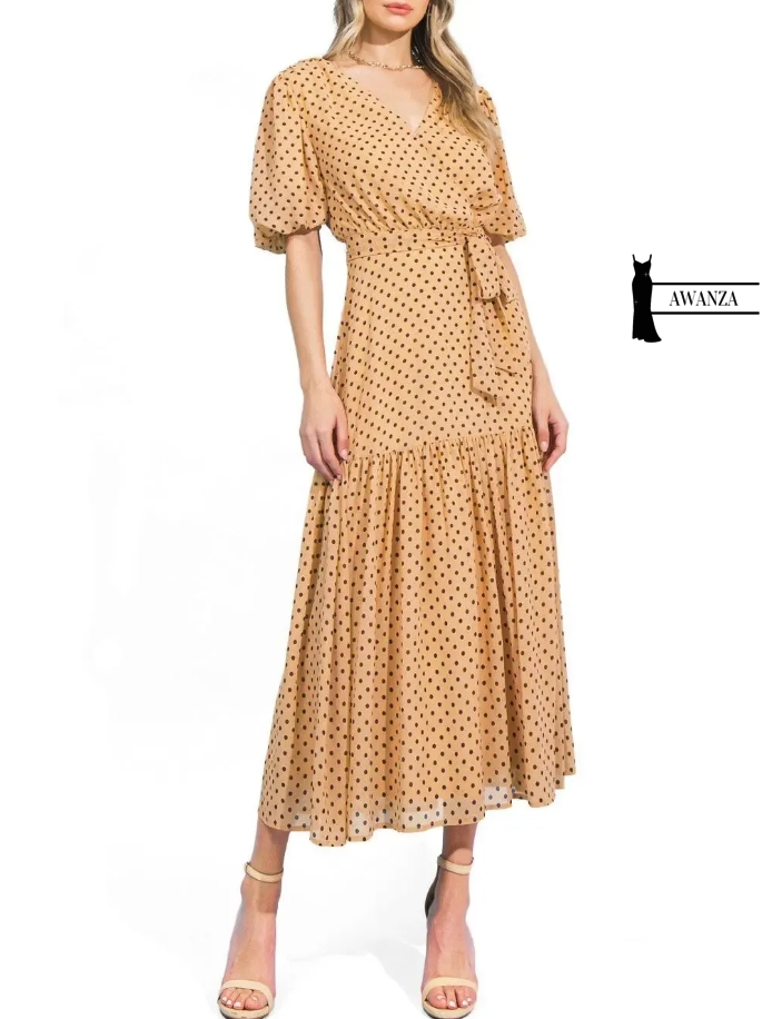 Tan Polka - Dot Wrap Midi Dress