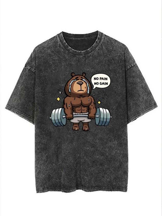 Funny Fitness Bear Print Washed T-Shirt