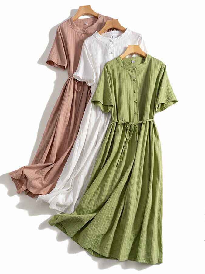 Jacquard Lace Up Waist Button Up Dress