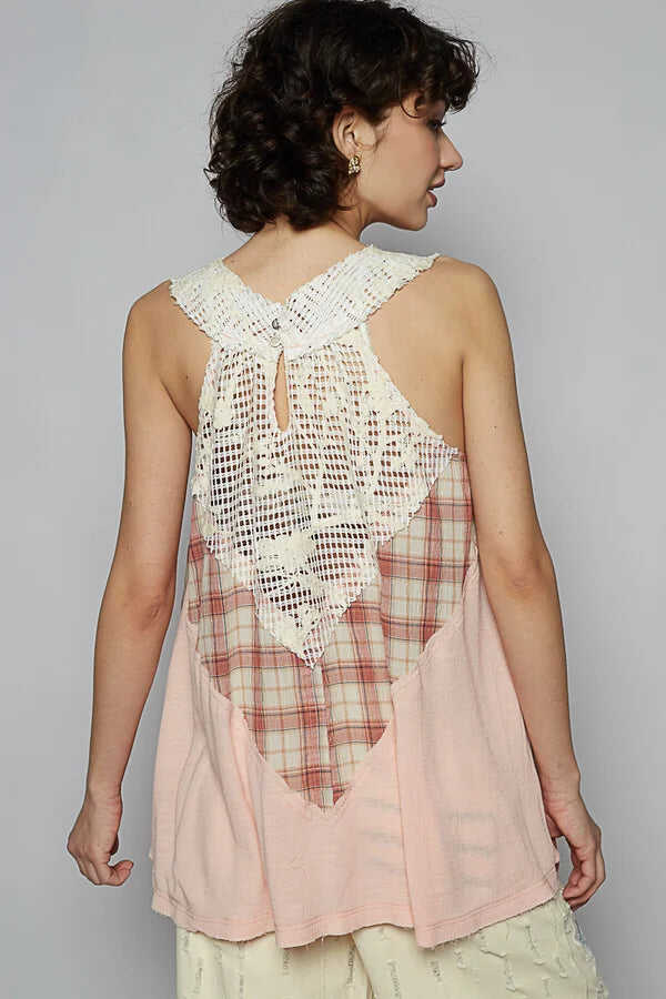 POL Peachy Pink Plaid Lace Top *Final Sale*