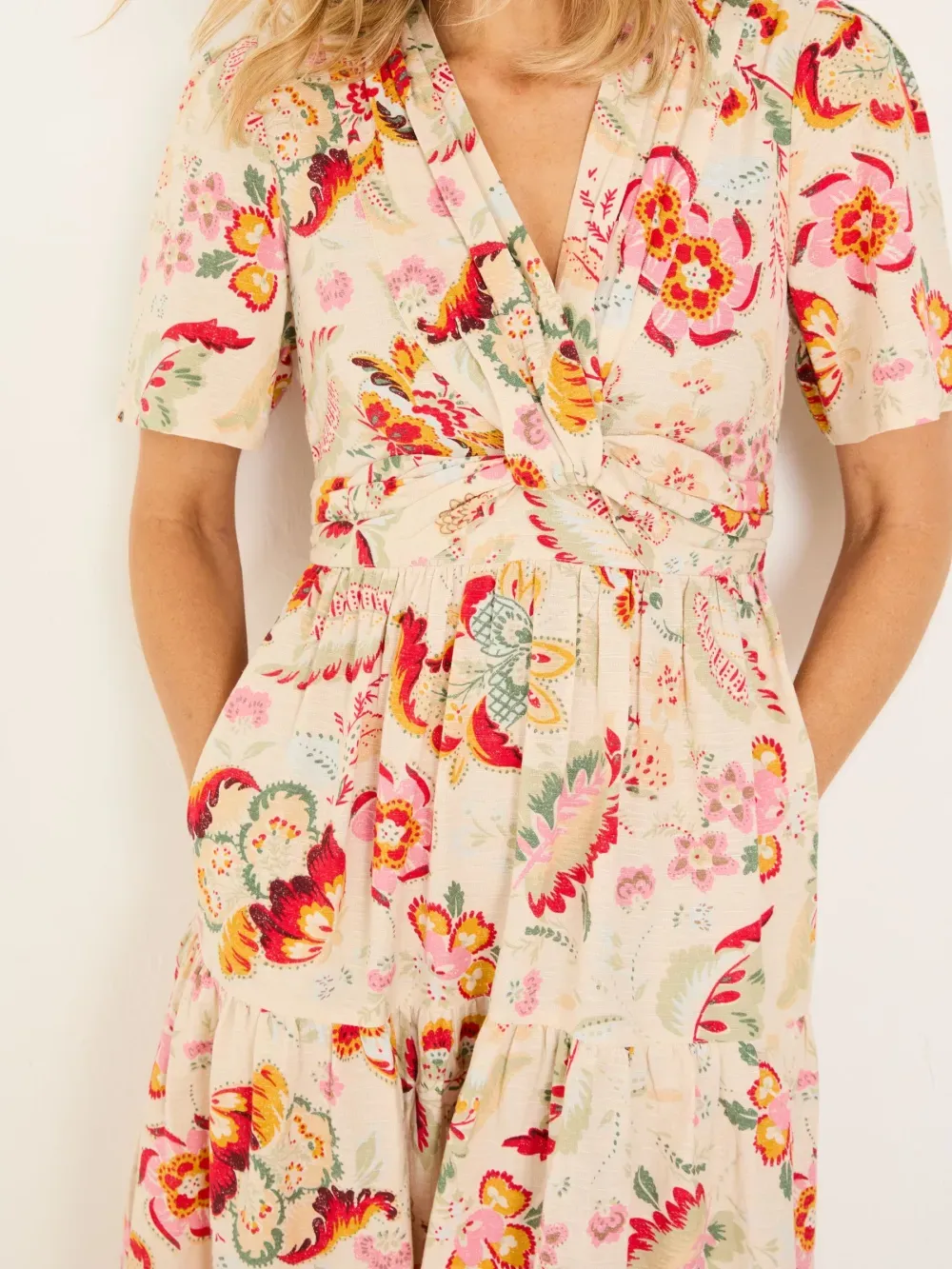Cream Plants Printed Midi Dress