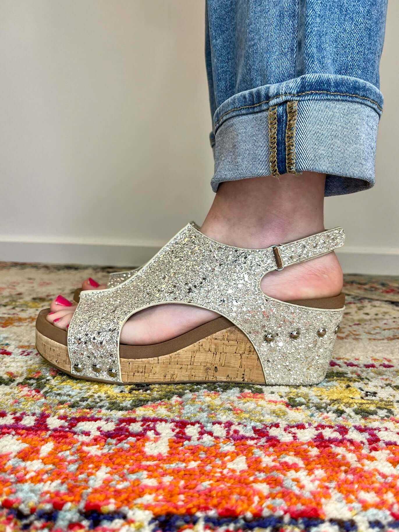 Corkys Footwear Carley Wedge Sandal - Beige New Glitter