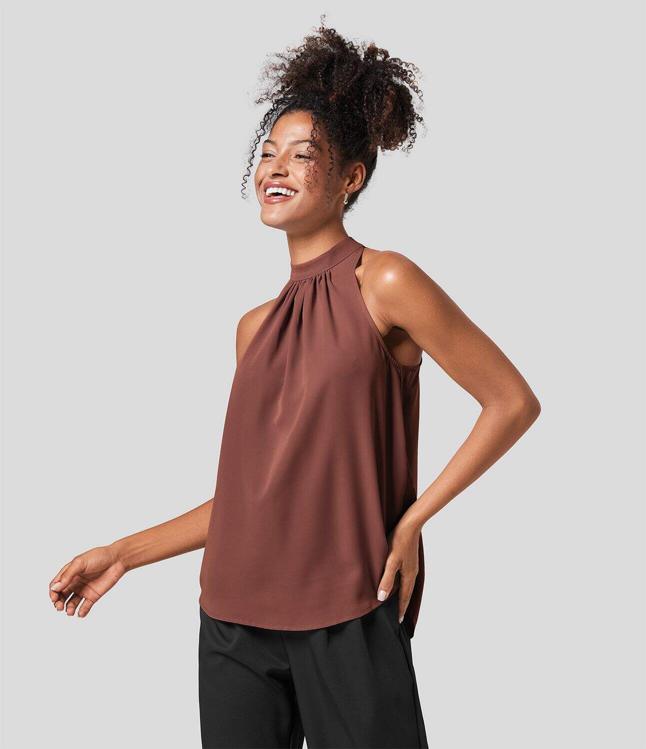 Keyhole Back Halter Plicated Sleeveless Curved Hem Work Blouse