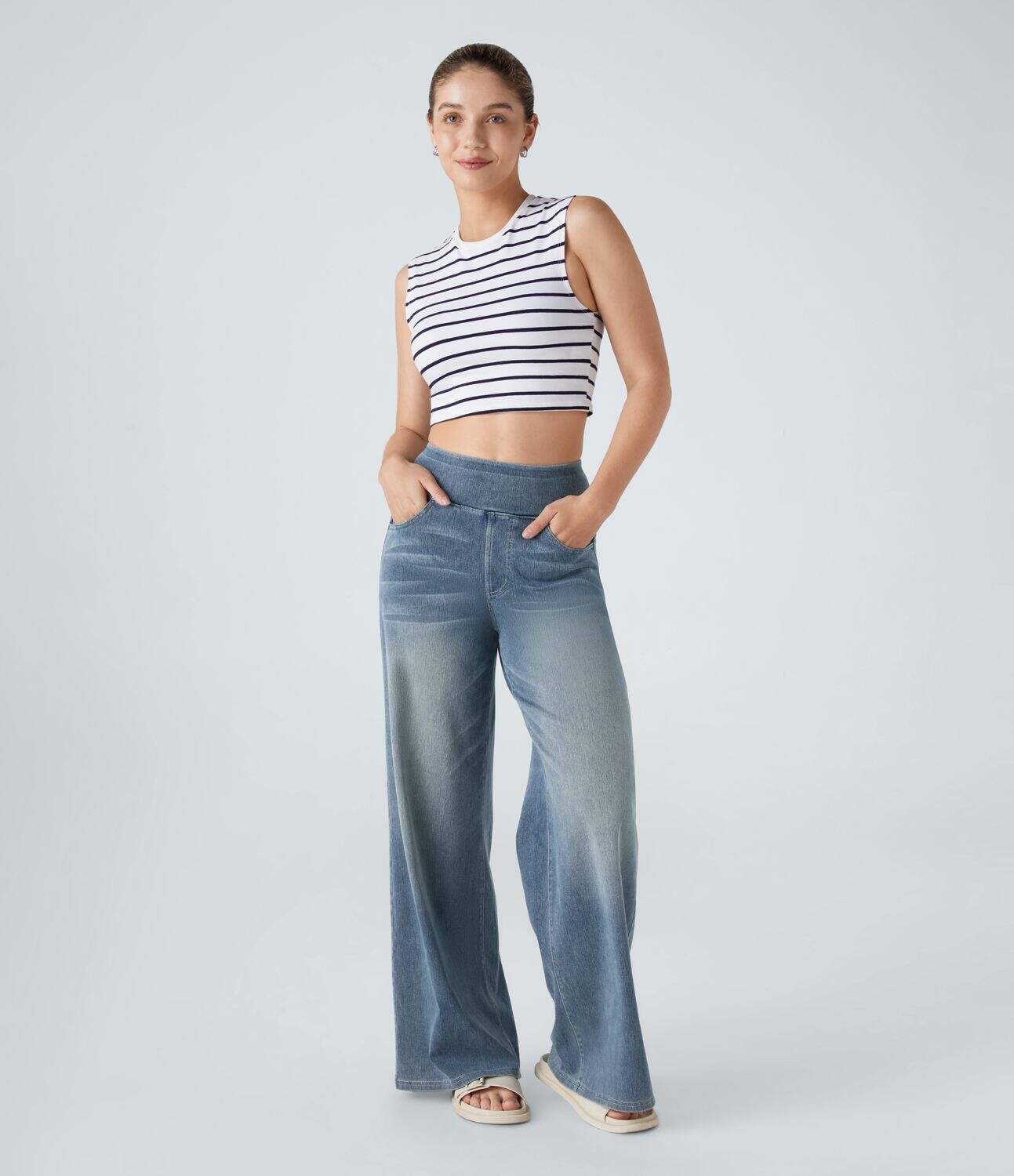 High Waisted Multiple Pockets Wide Leg Washed Stretchy Knit Casual Jeans