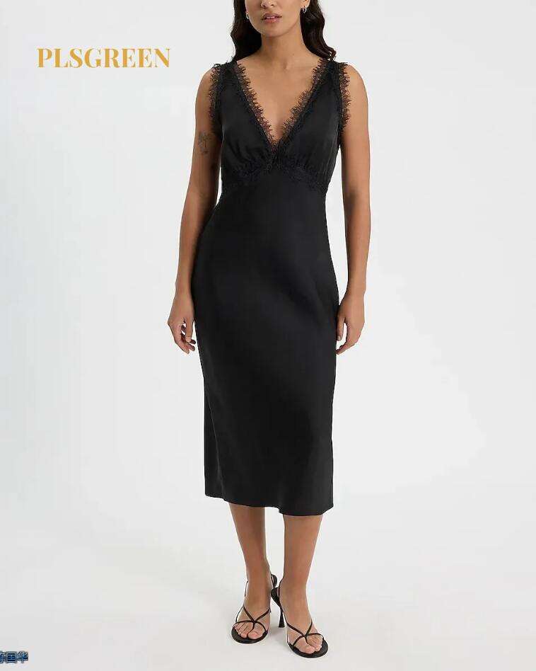 Lace Trim Satin V-Neck Sleeveless Midi Slip Dress