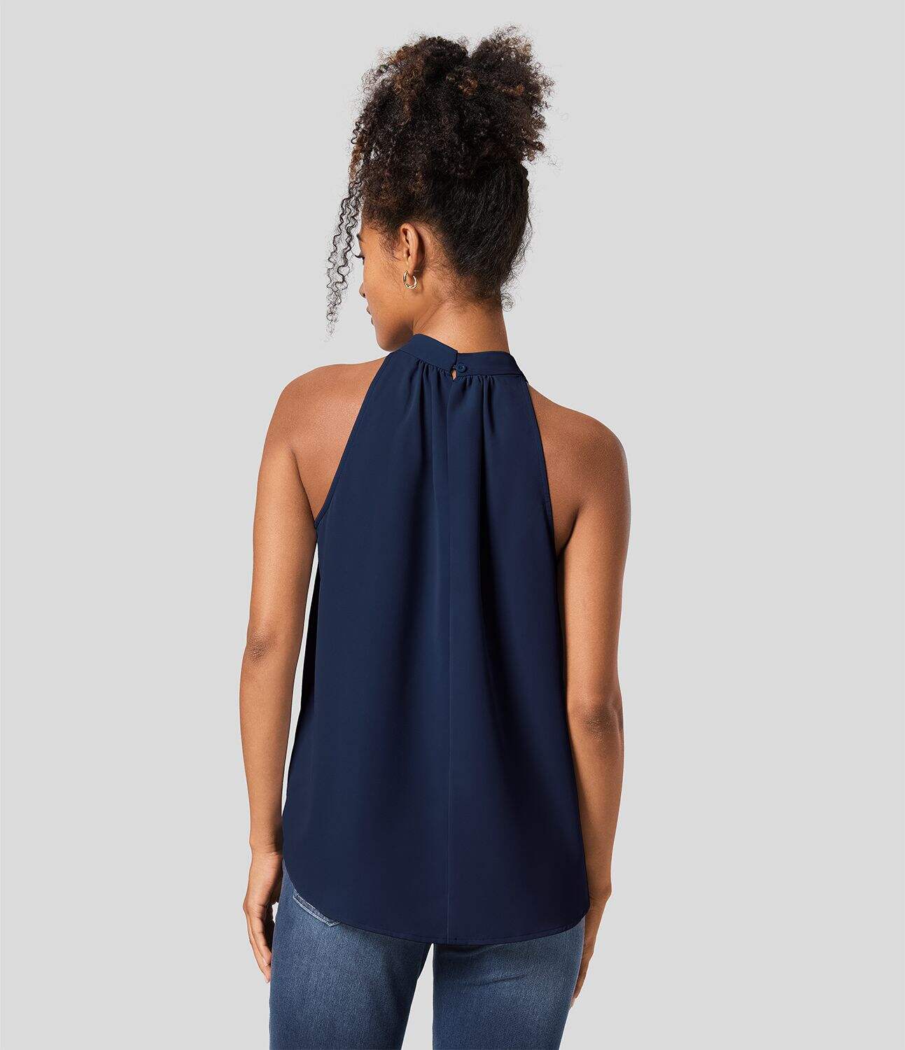 Keyhole Back Halter Plicated Sleeveless Curved Hem Work Blouse