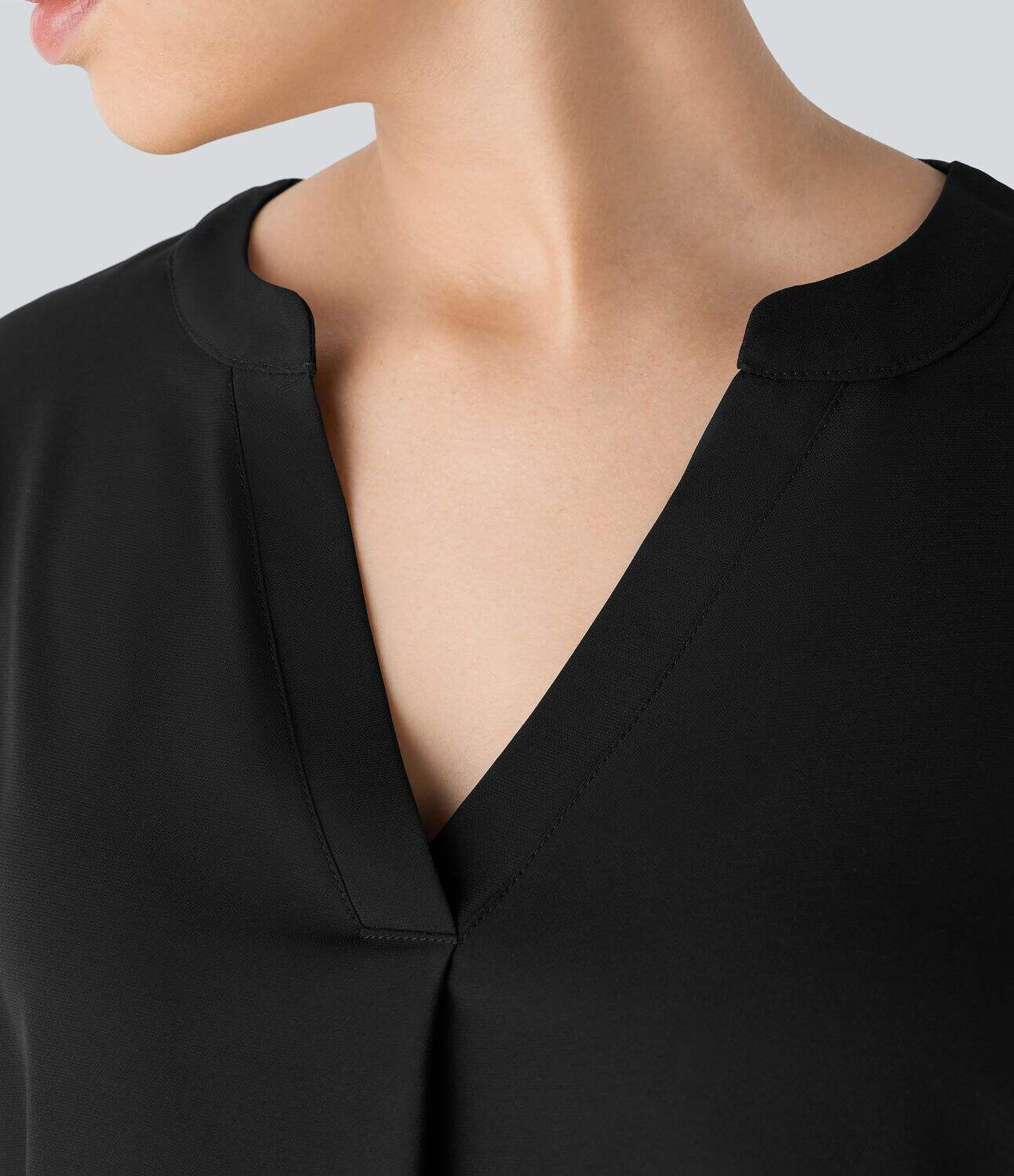 V Neck Button Three Quarter Sleeve Curved Hem Work Shirt