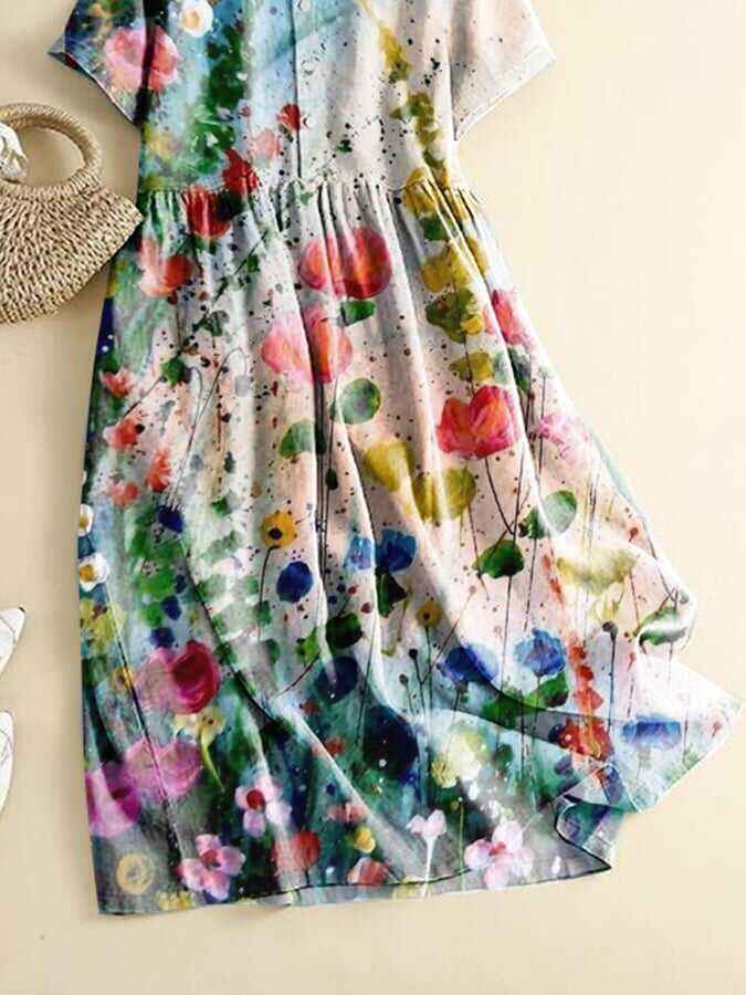 Fashion Casual Art Oil Painting Floral Print Shirt Dress