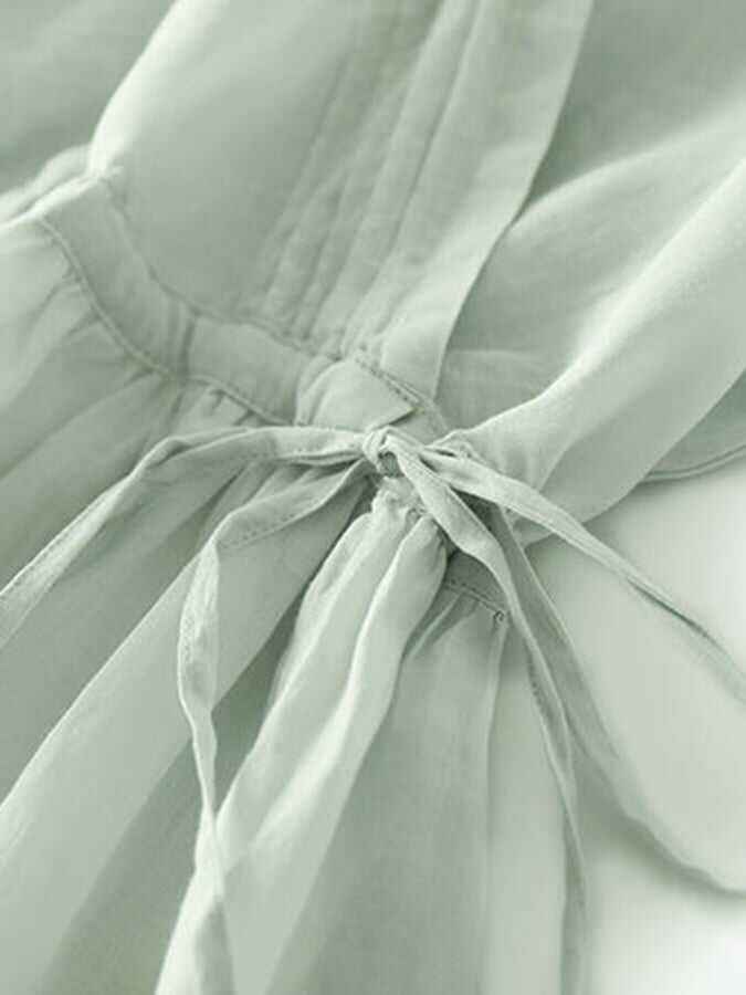 Cotton And Linen V-Neck Three-Quarter Sleeves Loose Solid Color Waist A-Line Dress