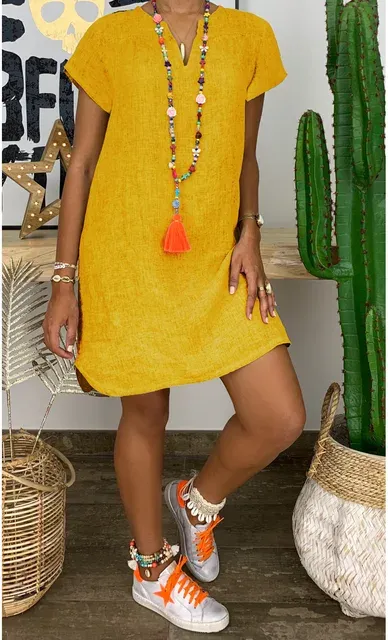 Summer loose solid color short sleeved V-neck cotton linen dress