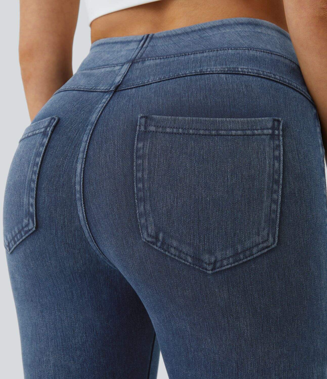 Ha High Waisted Back Side Pocket Stretchy Knit Denim Casual Leggings