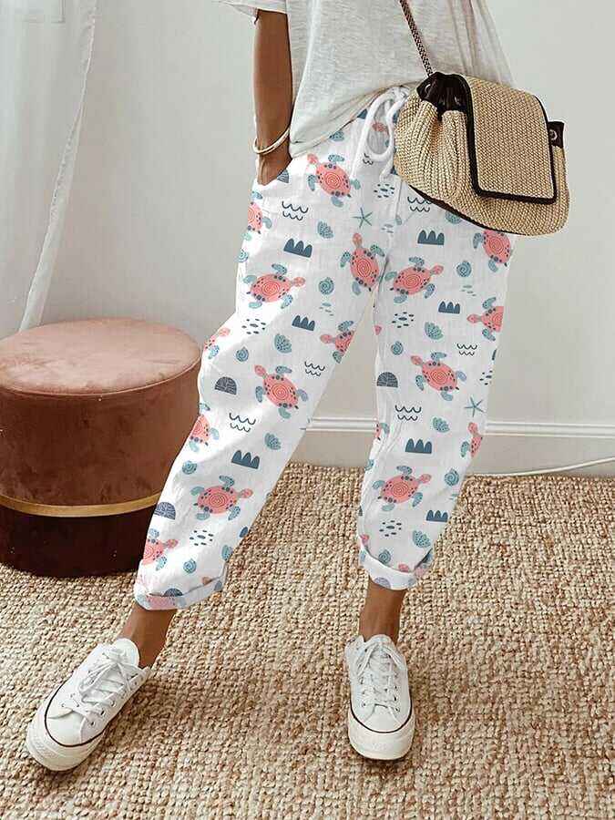 Women's Turtle Pattern Design Lace-Up Loose With Elastic Waist Casual Pants