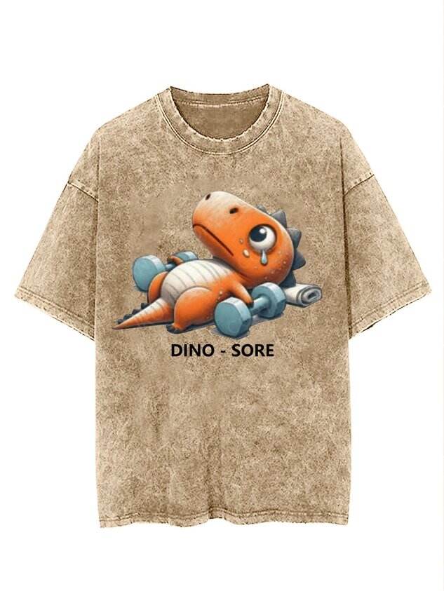 🦖 Funny Dinosaur Fitness Print Washed T-Shirt